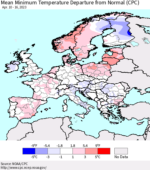 Europe Mean Minimum Temperature Departure from Normal (CPC) Thematic Map For 4/10/2023 - 4/16/2023