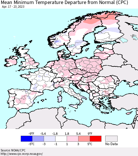Europe Mean Minimum Temperature Departure from Normal (CPC) Thematic Map For 4/17/2023 - 4/23/2023