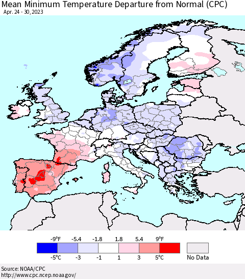 Europe Mean Minimum Temperature Departure from Normal (CPC) Thematic Map For 4/24/2023 - 4/30/2023