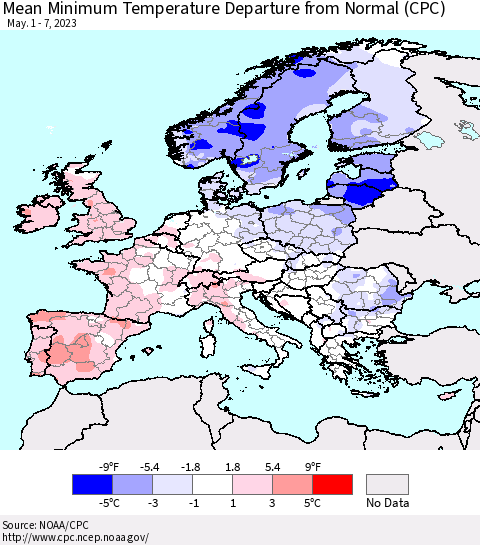 Europe Mean Minimum Temperature Departure from Normal (CPC) Thematic Map For 5/1/2023 - 5/7/2023