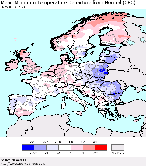 Europe Mean Minimum Temperature Departure from Normal (CPC) Thematic Map For 5/8/2023 - 5/14/2023