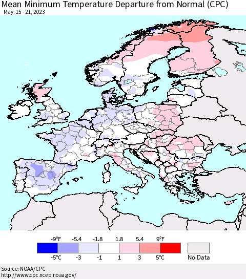 Europe Mean Minimum Temperature Departure from Normal (CPC) Thematic Map For 5/15/2023 - 5/21/2023