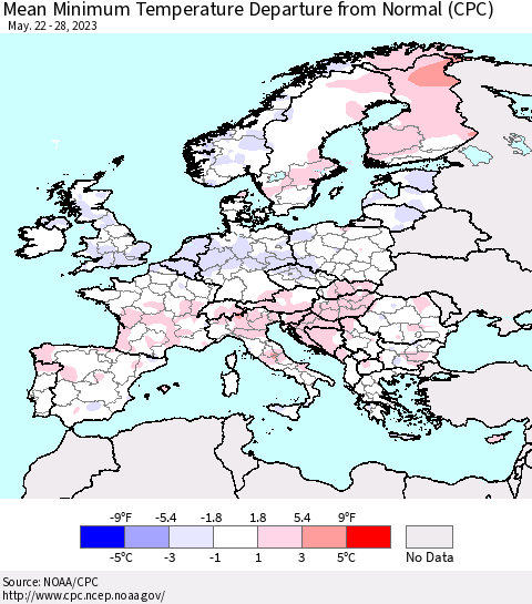 Europe Mean Minimum Temperature Departure from Normal (CPC) Thematic Map For 5/22/2023 - 5/28/2023