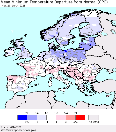 Europe Mean Minimum Temperature Departure from Normal (CPC) Thematic Map For 5/29/2023 - 6/4/2023