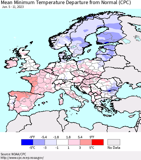 Europe Mean Minimum Temperature Departure from Normal (CPC) Thematic Map For 6/5/2023 - 6/11/2023