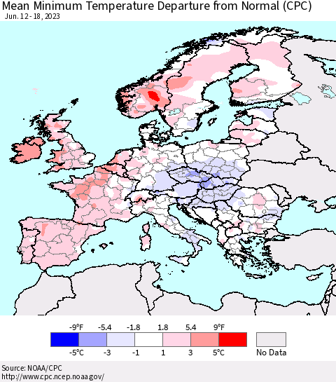 Europe Mean Minimum Temperature Departure from Normal (CPC) Thematic Map For 6/12/2023 - 6/18/2023