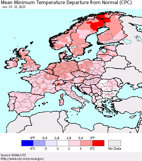 Europe Mean Minimum Temperature Departure from Normal (CPC) Thematic Map For 6/19/2023 - 6/25/2023