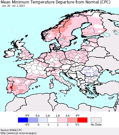 Europe Mean Minimum Temperature Departure from Normal (CPC) Thematic Map For 6/26/2023 - 7/2/2023