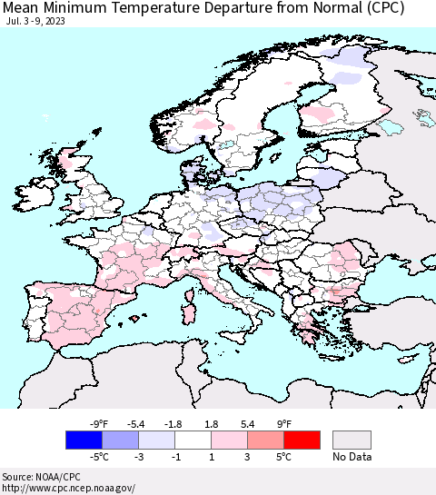 Europe Mean Minimum Temperature Departure from Normal (CPC) Thematic Map For 7/3/2023 - 7/9/2023