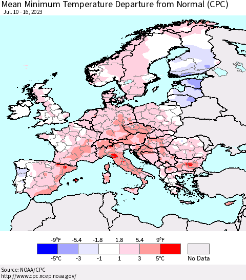 Europe Mean Minimum Temperature Departure from Normal (CPC) Thematic Map For 7/10/2023 - 7/16/2023