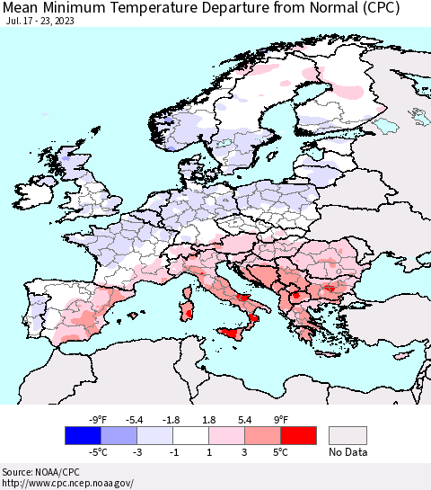 Europe Mean Minimum Temperature Departure from Normal (CPC) Thematic Map For 7/17/2023 - 7/23/2023