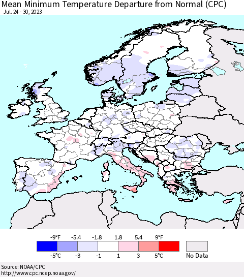 Europe Mean Minimum Temperature Departure from Normal (CPC) Thematic Map For 7/24/2023 - 7/30/2023