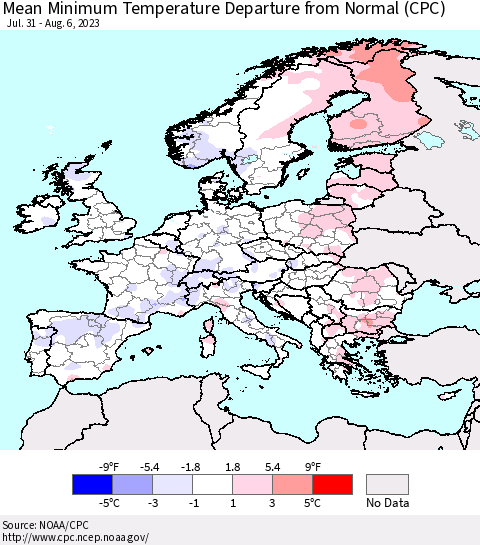 Europe Mean Minimum Temperature Departure from Normal (CPC) Thematic Map For 7/31/2023 - 8/6/2023