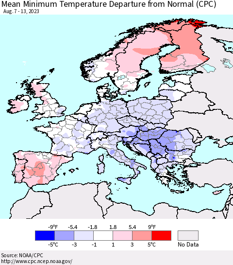 Europe Mean Minimum Temperature Departure from Normal (CPC) Thematic Map For 8/7/2023 - 8/13/2023