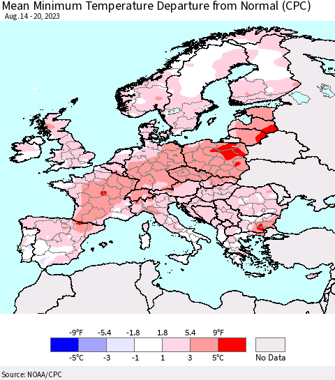 Europe Mean Minimum Temperature Departure from Normal (CPC) Thematic Map For 8/14/2023 - 8/20/2023