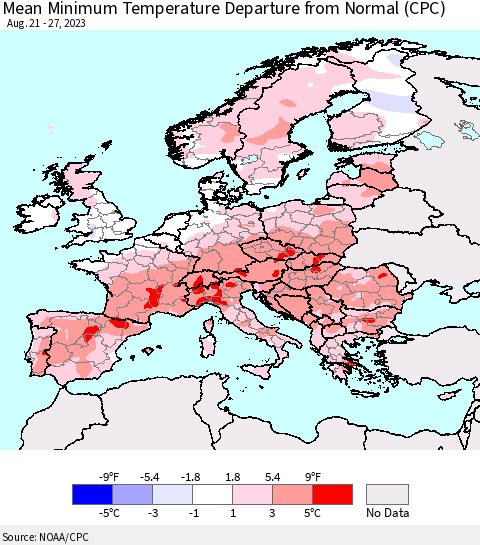 Europe Mean Minimum Temperature Departure from Normal (CPC) Thematic Map For 8/21/2023 - 8/27/2023