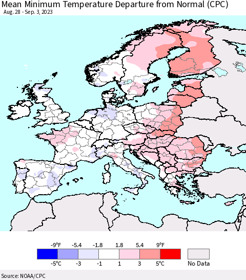 Europe Mean Minimum Temperature Departure from Normal (CPC) Thematic Map For 8/28/2023 - 9/3/2023