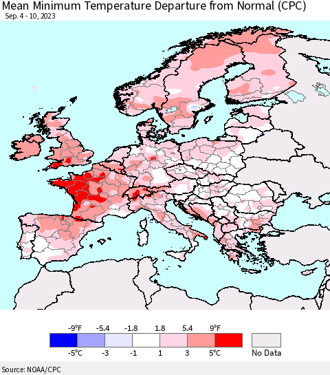 Europe Mean Minimum Temperature Departure from Normal (CPC) Thematic Map For 9/4/2023 - 9/10/2023
