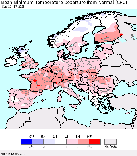 Europe Mean Minimum Temperature Departure from Normal (CPC) Thematic Map For 9/11/2023 - 9/17/2023