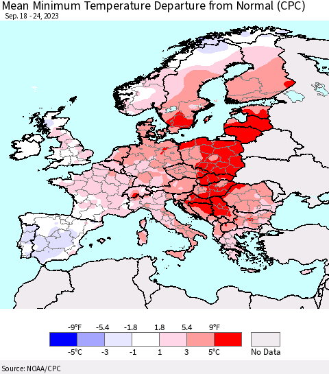 Europe Mean Minimum Temperature Departure from Normal (CPC) Thematic Map For 9/18/2023 - 9/24/2023
