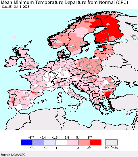 Europe Mean Minimum Temperature Departure from Normal (CPC) Thematic Map For 9/25/2023 - 10/1/2023