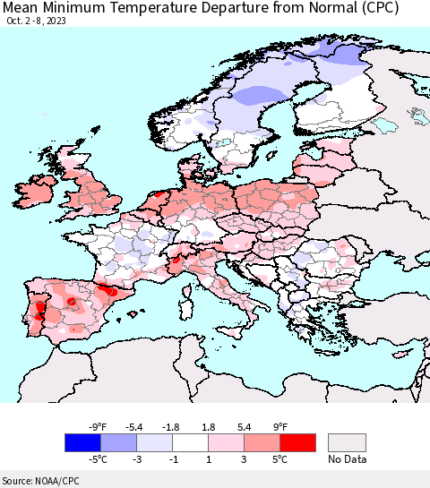 Europe Mean Minimum Temperature Departure from Normal (CPC) Thematic Map For 10/2/2023 - 10/8/2023