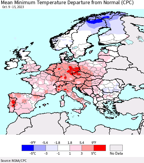 Europe Mean Minimum Temperature Departure from Normal (CPC) Thematic Map For 10/9/2023 - 10/15/2023