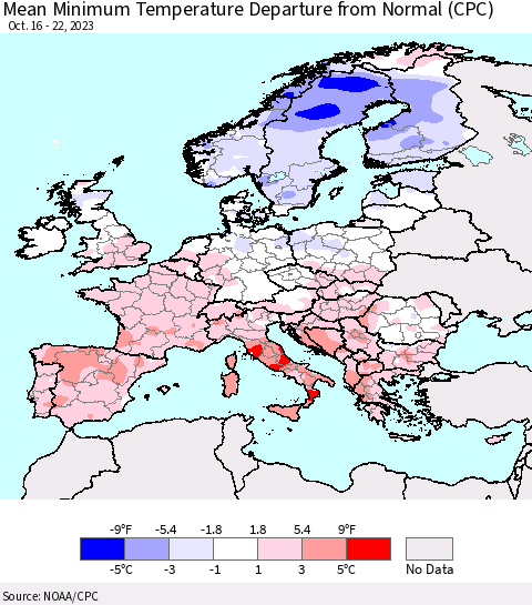 Europe Mean Minimum Temperature Departure from Normal (CPC) Thematic Map For 10/16/2023 - 10/22/2023