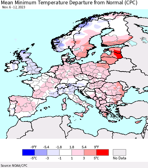 Europe Mean Minimum Temperature Departure from Normal (CPC) Thematic Map For 11/6/2023 - 11/12/2023