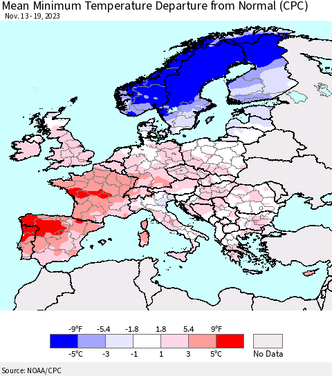 Europe Mean Minimum Temperature Departure from Normal (CPC) Thematic Map For 11/13/2023 - 11/19/2023