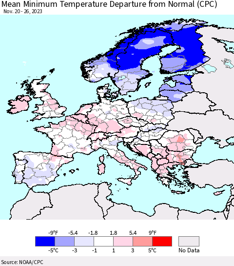 Europe Mean Minimum Temperature Departure from Normal (CPC) Thematic Map For 11/20/2023 - 11/26/2023