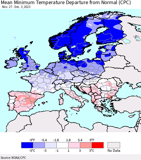 Europe Mean Minimum Temperature Departure from Normal (CPC) Thematic Map For 11/27/2023 - 12/3/2023