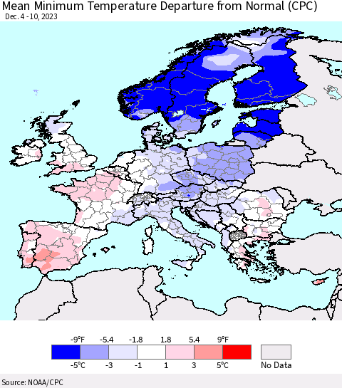 Europe Mean Minimum Temperature Departure from Normal (CPC) Thematic Map For 12/4/2023 - 12/10/2023
