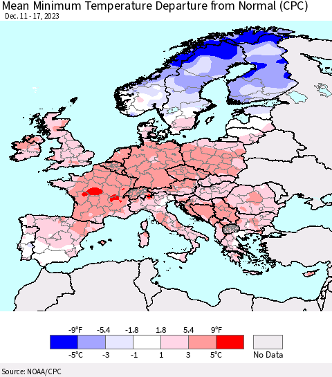 Europe Mean Minimum Temperature Departure from Normal (CPC) Thematic Map For 12/11/2023 - 12/17/2023