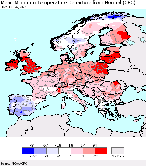 Europe Mean Minimum Temperature Departure from Normal (CPC) Thematic Map For 12/18/2023 - 12/24/2023