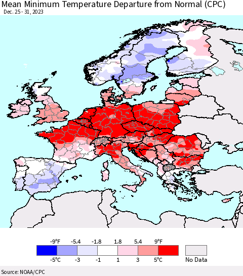 Europe Mean Minimum Temperature Departure from Normal (CPC) Thematic Map For 12/25/2023 - 12/31/2023
