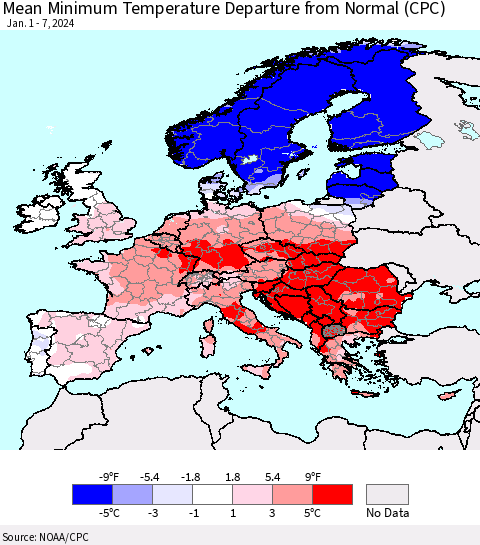 Europe Mean Minimum Temperature Departure from Normal (CPC) Thematic Map For 1/1/2024 - 1/7/2024