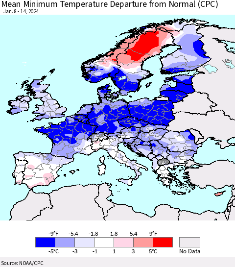 Europe Mean Minimum Temperature Departure from Normal (CPC) Thematic Map For 1/8/2024 - 1/14/2024