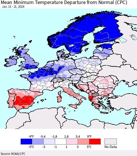 Europe Mean Minimum Temperature Departure from Normal (CPC) Thematic Map For 1/15/2024 - 1/21/2024