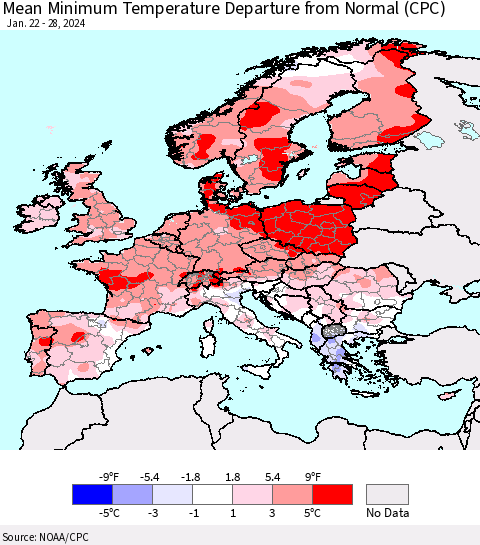 Europe Mean Minimum Temperature Departure from Normal (CPC) Thematic Map For 1/22/2024 - 1/28/2024