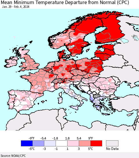 Europe Mean Minimum Temperature Departure from Normal (CPC) Thematic Map For 1/29/2024 - 2/4/2024
