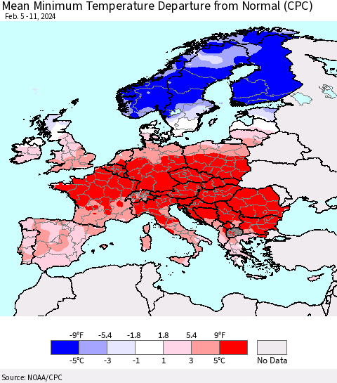 Europe Mean Minimum Temperature Departure from Normal (CPC) Thematic Map For 2/5/2024 - 2/11/2024