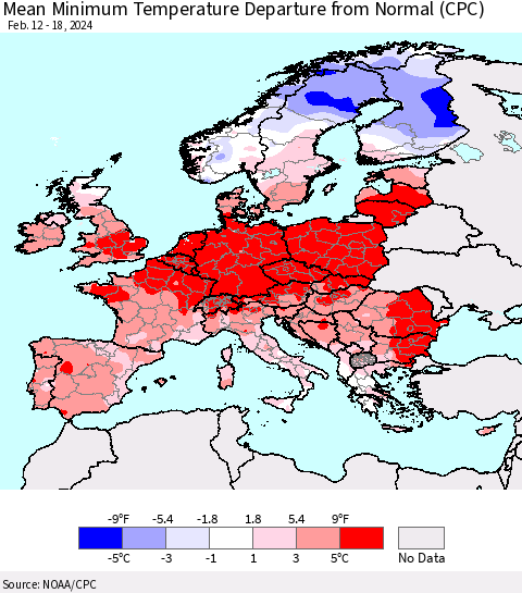 Europe Mean Minimum Temperature Departure from Normal (CPC) Thematic Map For 2/12/2024 - 2/18/2024