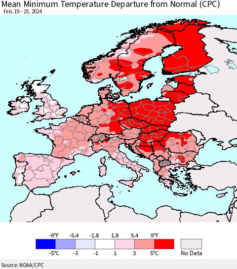 Europe Mean Minimum Temperature Departure from Normal (CPC) Thematic Map For 2/19/2024 - 2/25/2024