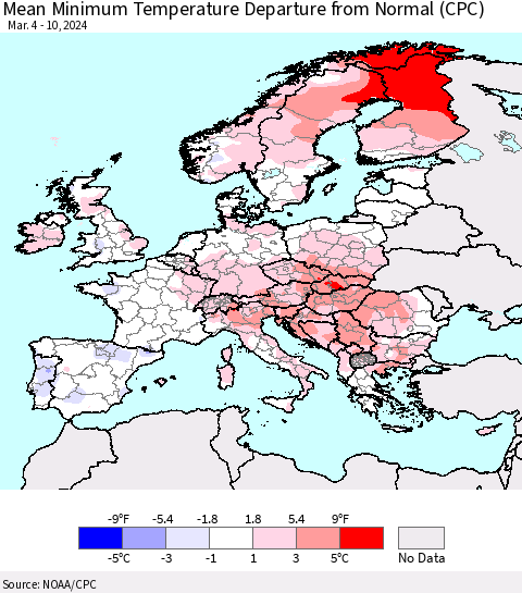 Europe Mean Minimum Temperature Departure from Normal (CPC) Thematic Map For 3/4/2024 - 3/10/2024