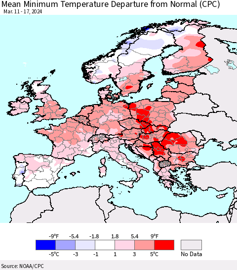 Europe Mean Minimum Temperature Departure from Normal (CPC) Thematic Map For 3/11/2024 - 3/17/2024