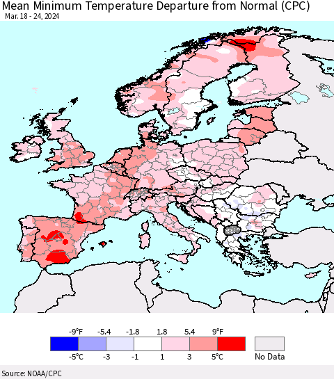 Europe Mean Minimum Temperature Departure from Normal (CPC) Thematic Map For 3/18/2024 - 3/24/2024