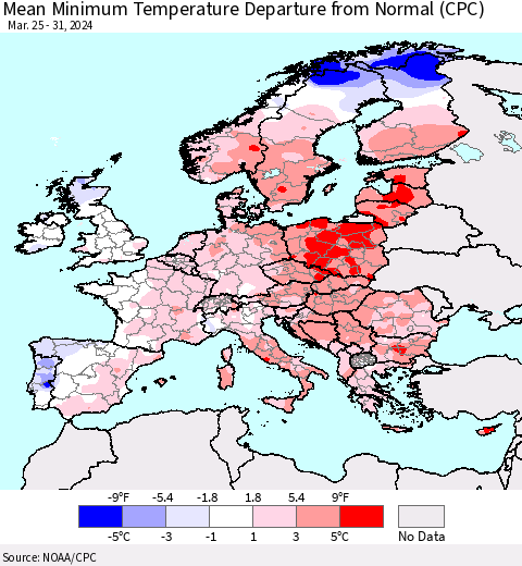 Europe Mean Minimum Temperature Departure from Normal (CPC) Thematic Map For 3/25/2024 - 3/31/2024