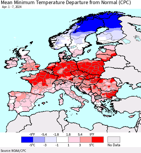 Europe Mean Minimum Temperature Departure from Normal (CPC) Thematic Map For 4/1/2024 - 4/7/2024