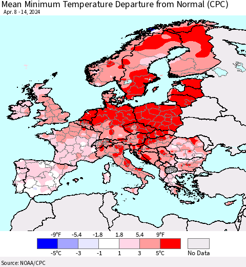 Europe Mean Minimum Temperature Departure from Normal (CPC) Thematic Map For 4/8/2024 - 4/14/2024